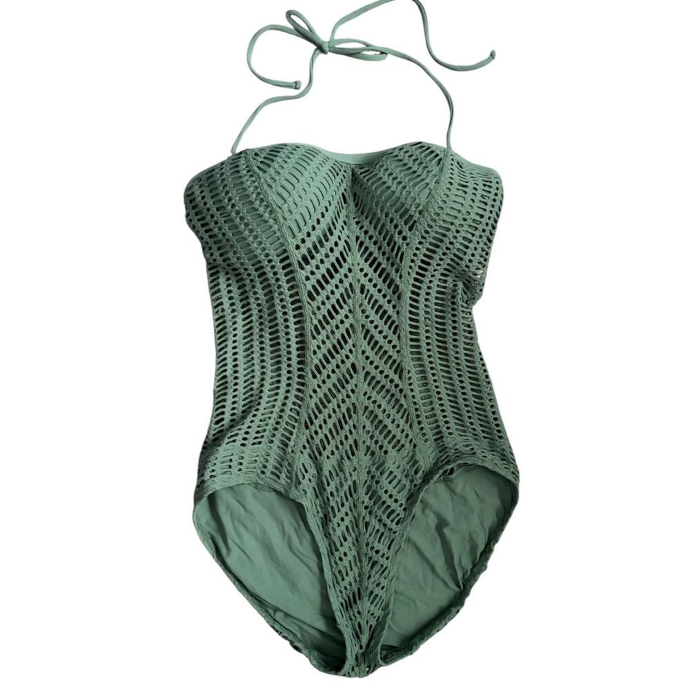 Robin Piccone Sophia Crochet One Piece Swimsuit Sage Green Cut Out Sz 8 - Picture 2 of 13